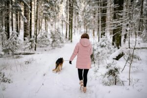 A woman and a dog taking a snowy walk